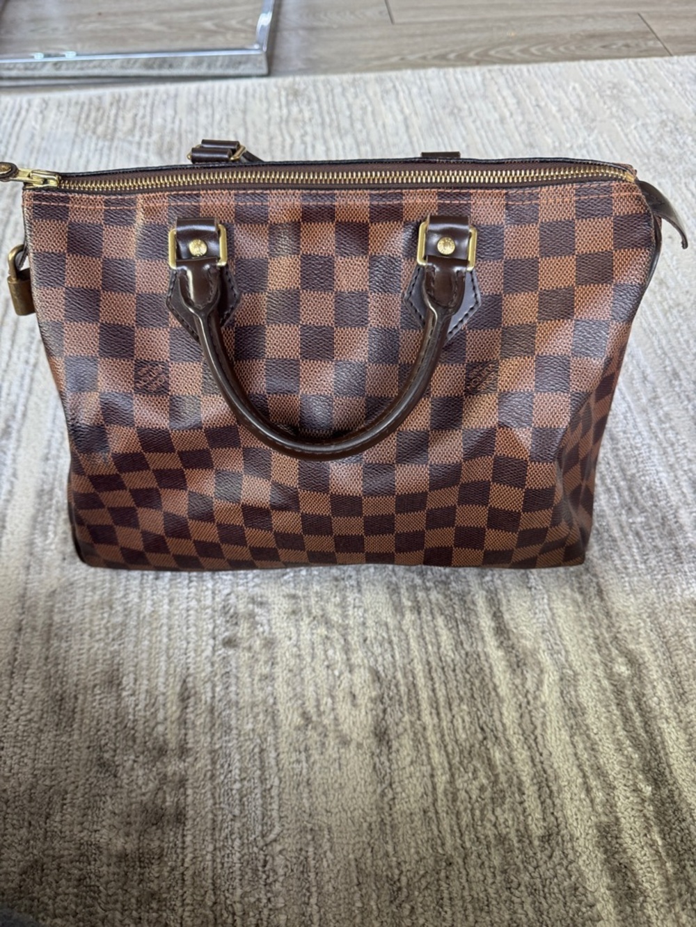 Louis Vuitton Brown Checker Canvas Satchel with Gold-Tone Hardware